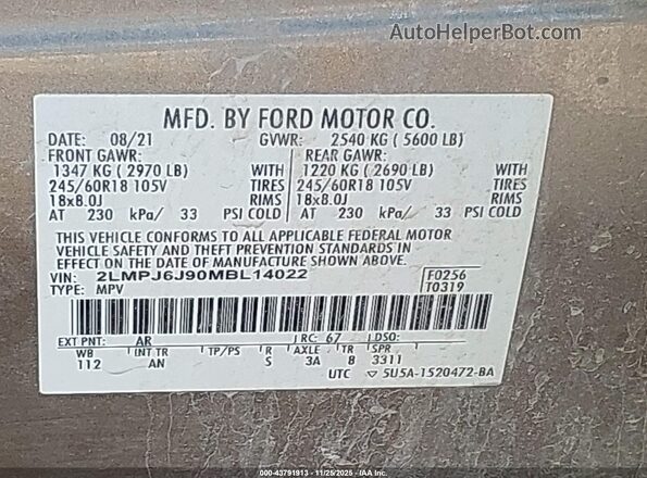 2LMPJ6J90MBL14022 2021 LINCOLN NAUTILUS Brown Вид підкапотного простору