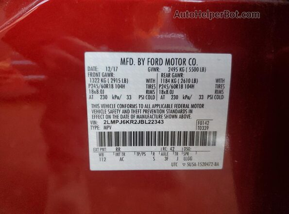 2LMPJ6KR2JBL22343 2018 LINCOLN MKX Red Widok komory silnika