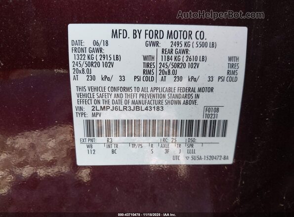 2LMPJ6LR3JBL43183 2018 LINCOLN MKX Burgundy Vista del compartimento del motor