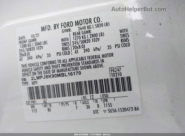 2LMPJ8K90MBL16170 2021 LINCOLN NAUTILUS White Вид підкапотного простору