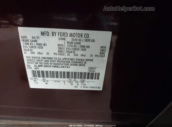 2LMPJ8K91MBL04741 2021 LINCOLN NAUTILUS Maroon Widok komory silnika