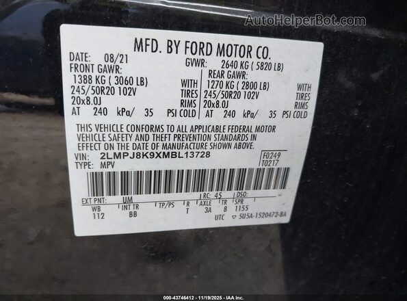 2LMPJ8K9XMBL13728 2021 LINCOLN NAUTILUS Black Widok komory silnika