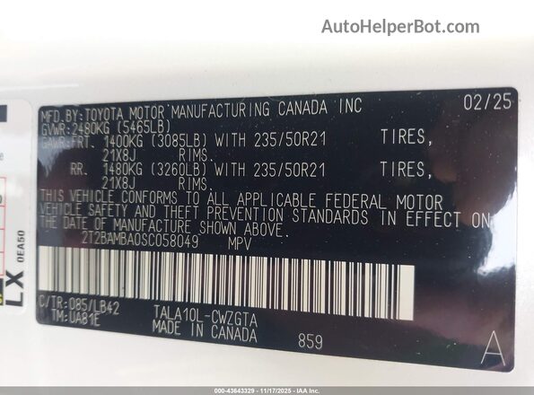 2T2BAMBA0SC058049 2025 LEXUS RX 350 White Շարժիչի բաժամունքի տեսք