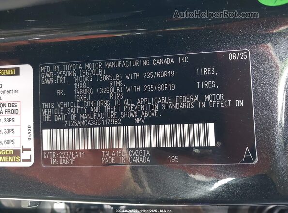 2T2BAMCA3SC117982 2025 LEXUS RX 350 Black Widok komory silnika