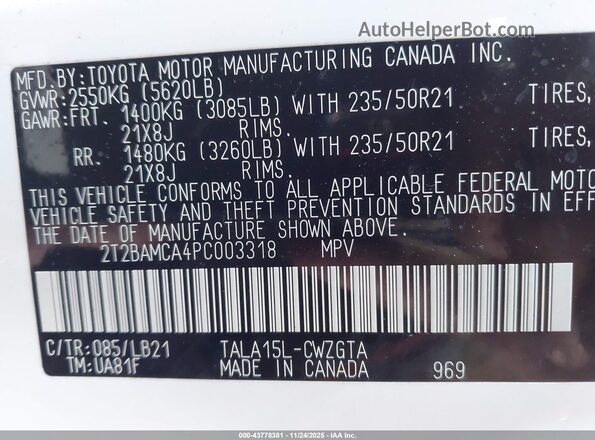 2T2BAMCA4PC003318 2023 LEXUS RX 350 White Вид підкапотного простору