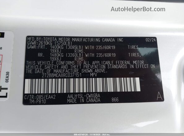 2T2BBMCAXRC037151 2024 LEXUS RX 350H Белый Вид подкапотного пространства