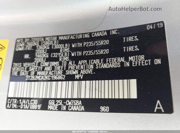 2T2BZMCA2KC196862 2019 LEXUS RX 350 Серебряный Вид подкапотного пространства