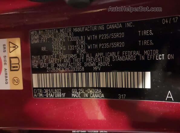 2T2BZMCA3HC093958 2017 LEXUS RX 350 Красный Вид подкапотного пространства