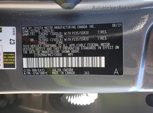 2T2HZMAA1MC213909 2021 LEXUS RX Угольный Вид наклейки с VIN-кодом
