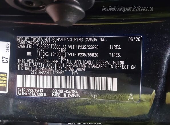 2T2HZMAA8LC173567 2020 LEXUS RX 350 Черный Вид подкапотного пространства