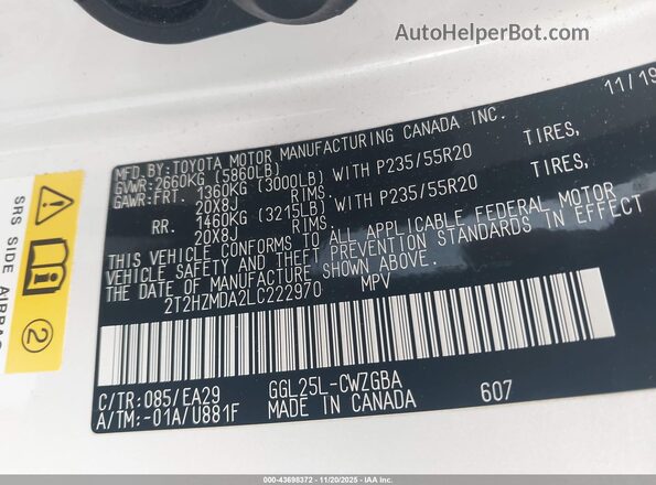 2T2HZMDA2LC222970 2020 LEXUS RX 350 White Շարժիչի բաժամունքի տեսք