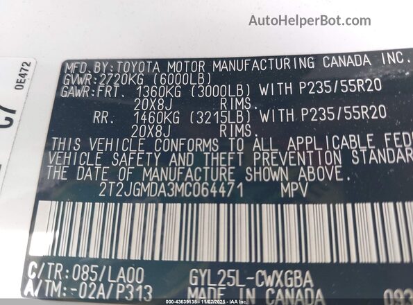 2T2JGMDA3MC064471 2021 LEXUS RX 450H Белый Вид подкапотного пространства