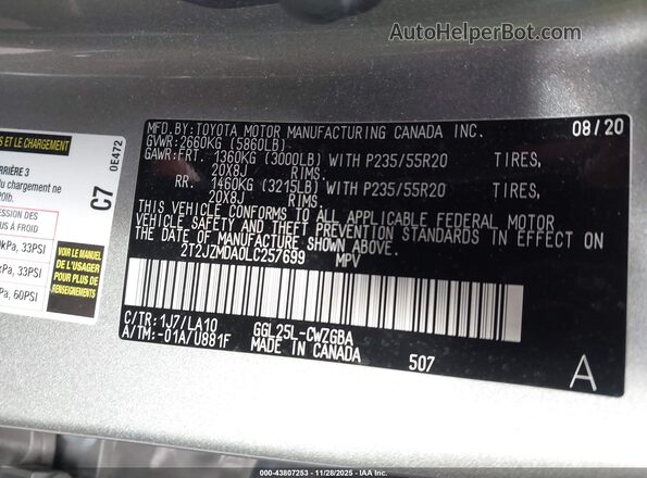 2T2JZMDA0LC257699 2020 LEXUS RX 350 Tan Vista del compartimento del motor