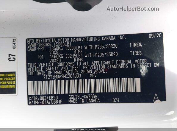 2T2YZMDA2MC261933 2021 LEXUS RX 350 Белый Вид подкапотного пространства