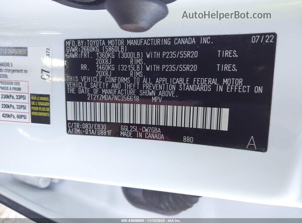 2T2YZMDA7NC356618 2022 LEXUS RX 350 Белый Вид подкапотного пространства