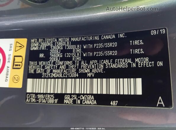 2T2YZMDA9LC213084 2020 LEXUS RX 350 Gray Widok komory silnika