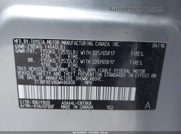 2T3BFREV8GW486806 2016 TOYOTA LE Серебряный Вид подкапотного пространства