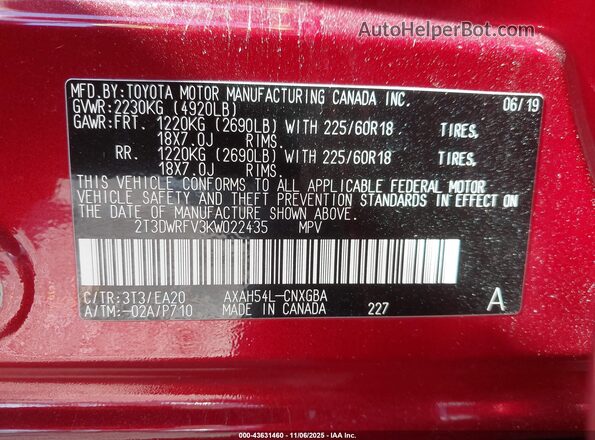 2T3DWRFV3KW022435 2019 TOYOTA LIMITED Красный Вид подкапотного пространства