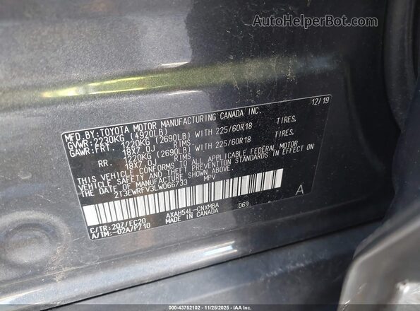 2T3EWRFV3LW066733 2020 TOYOTA RAV4 HYBRID Gray Շարժիչի բաժամունքի տեսք