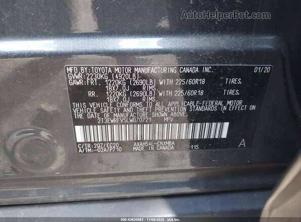 2T3EWRFV5LW070721 2020 TOYOTA RAV4 HYBRID Gray ძრავის განყოფილების ხედი
