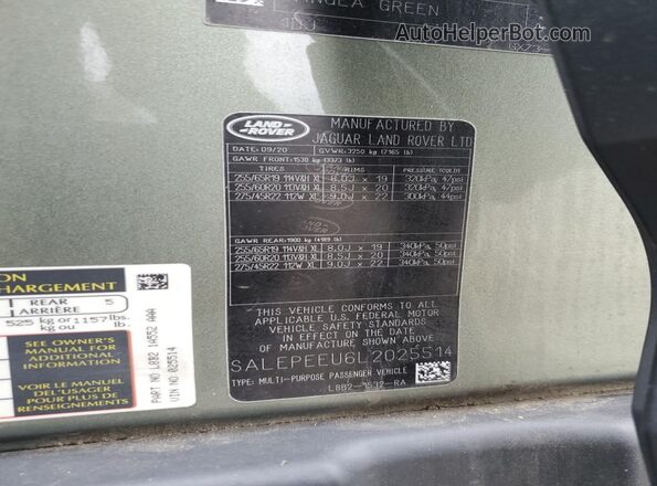 SALEPEEU6L2025514 2020 LAND ROVER DEFENDER Зеленый Панорамный вид салона 360°