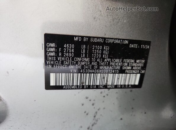 4S3BWAB6XS3012415 2025 SUBARU LEGACY Серебряный Вид наклейки с VIN-кодом
