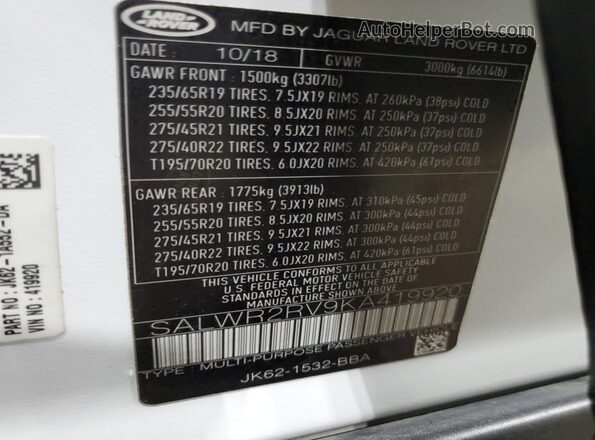 SALWR2RV9KA419920 2019 LAND ROVER RANGE White Widok wnętrza 360 stopni
