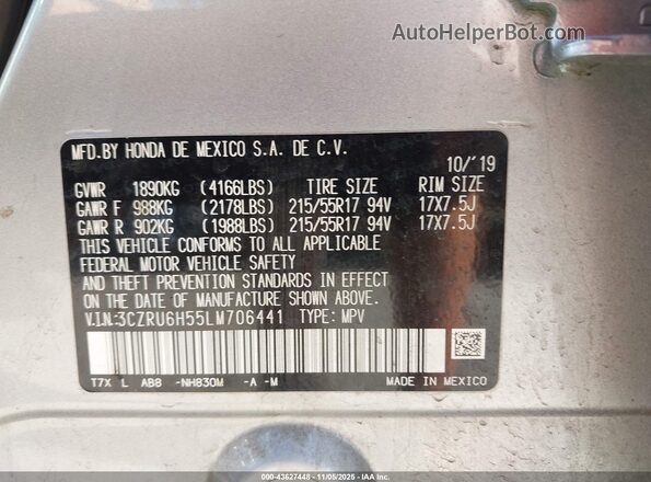 3CZRU6H55LM706441 2020 HONDA HR-V Серебряный Вид подкапотного пространства