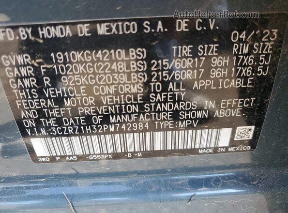 3CZRZ1H32PM742984 2023 HONDA HR-V Бирюзовый Вид наклейки с VIN-кодом