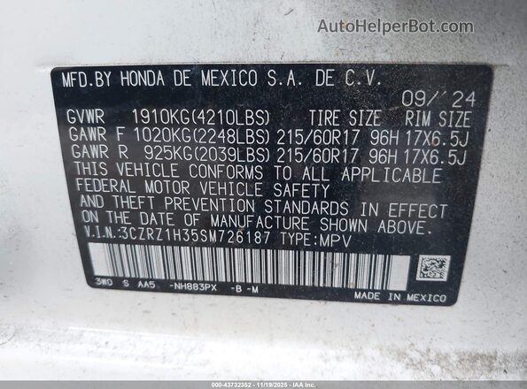 3CZRZ1H35SM726187 2025 HONDA HR-V Белый Вид подкапотного пространства
