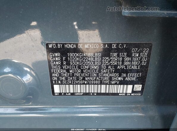 3CZRZ2H56PM709980 2023 HONDA HR-V Синий Вид подкапотного пространства