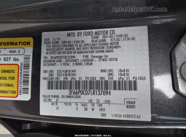 3FA6P0CD7LR137094 2020 FORD FUSION Gray Widok komory silnika