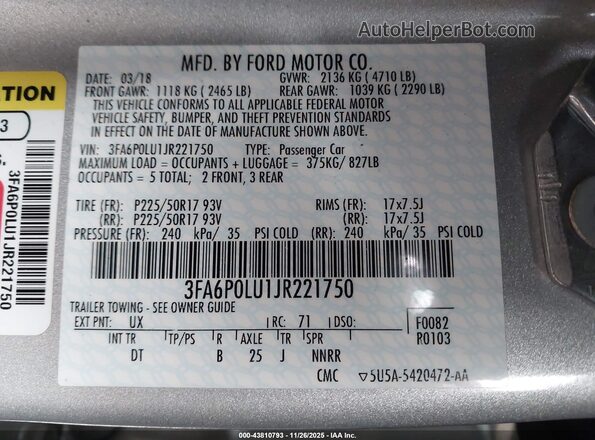 3FA6P0LU1JR221750 2018 FORD FUSION HYBRID Серебряный Вид подкапотного пространства