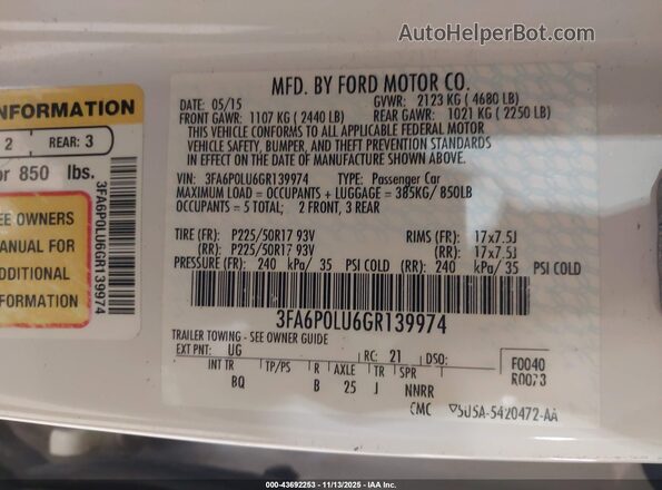 3FA6P0LU6GR139974 2016 FORD FUSION HYBRID Белый Вид подкапотного пространства