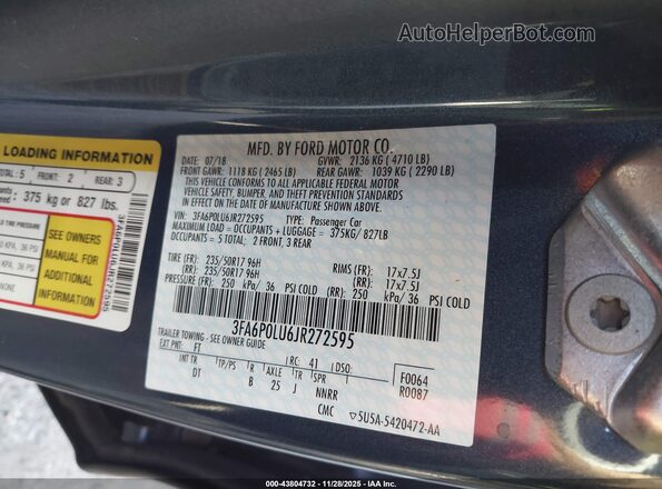 3FA6P0LU6JR272595 2018 FORD FUSION HYBRID Синий Вид подкапотного пространства
