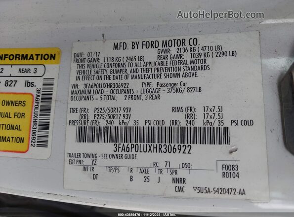 3FA6P0LUXHR306922 2017 FORD FUSION HYBRID Белый Вид подкапотного пространства