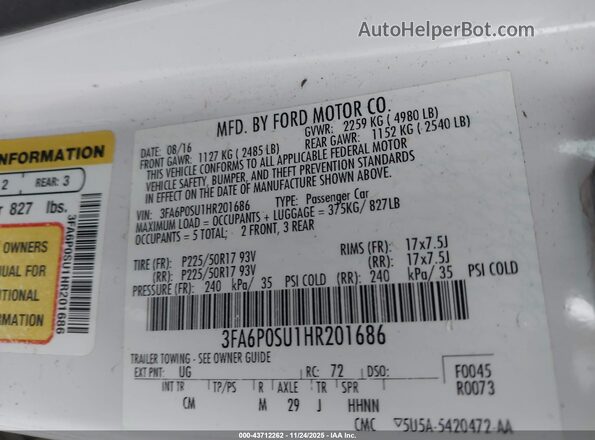 3FA6P0SU1HR201686 2017 FORD FUSION ENERGI White ძრავის განყოფილების ხედი