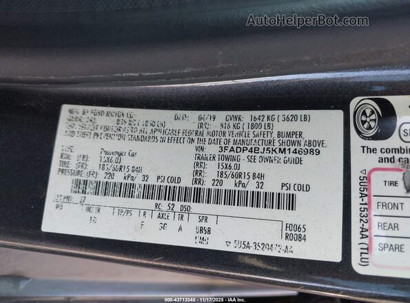 3FADP4BJ5KM146989 2019 FORD FIESTA Серый Вид подкапотного пространства