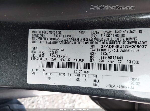 3FADP4EJ1GM205037 2016 FORD FIESTA Серый Вид подкапотного пространства