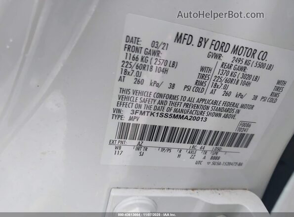 3FMTK1SS5MMA20013 2021 FORD MUSTANG MACH-E White Widok komory silnika