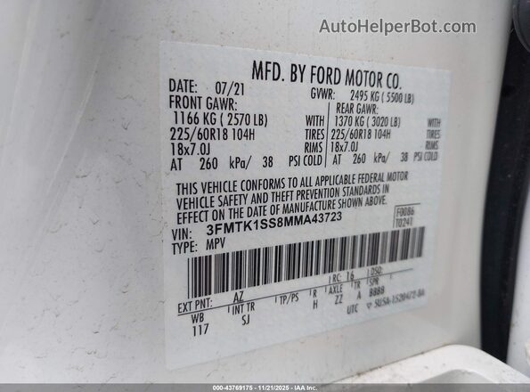 3FMTK1SS8MMA43723 2021 FORD MUSTANG MACH-E White Widok komory silnika