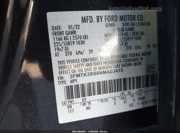 3FMTK3SS6NMA03413 2022 FORD MUSTANG MACH-E PREMI Gray Вид підкапотного простору