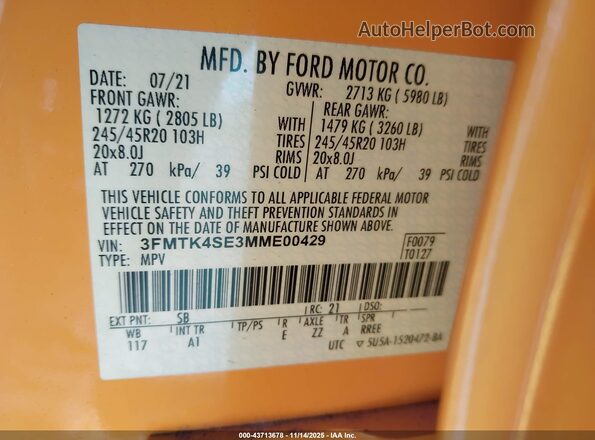 3FMTK4SE3MME00429 2021 FORD MUSTANG MACH-E Желтый Вид подкапотного пространства