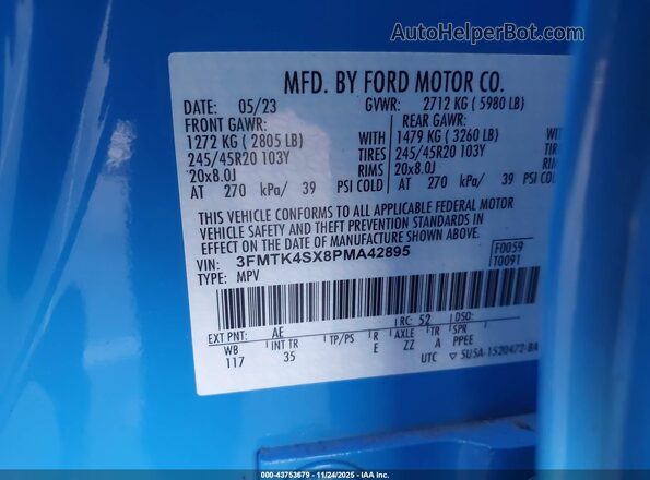 3FMTK4SX8PMA42895 2023 FORD MUSTANG MACH-E Blue Vista del compartimento del motor