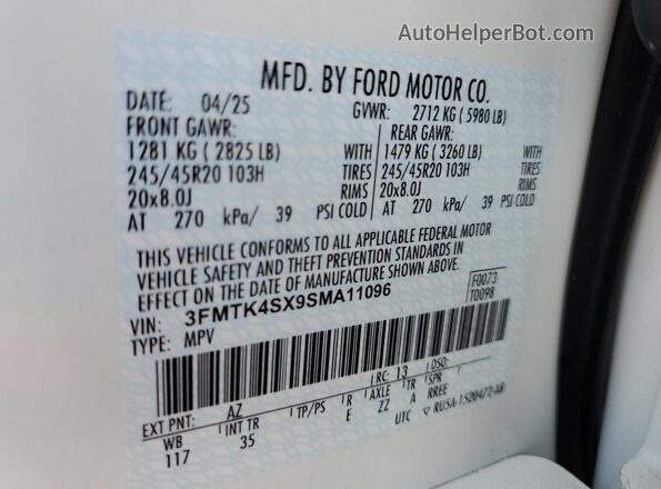 3FMTK4SX9SMA11096 2025 FORD MUSTANG Белый Вид наклейки с VIN-кодом