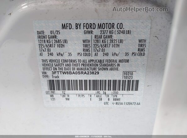 3FTTW8BA0SRA23829 2025 FORD MAVERICK Белый Вид подкапотного пространства