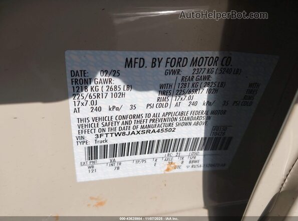 3FTTW8JAXSRA45502 2025 FORD MAVERICK Бежевый Вид подкапотного пространства