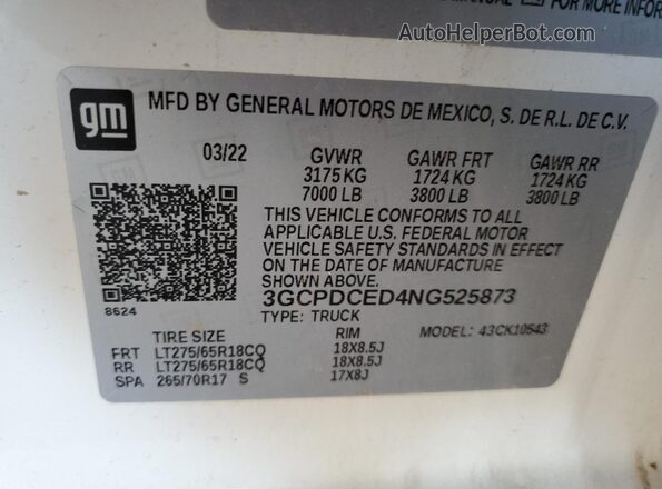 3GCPDCED4NG525873 2022 CHEVROLET SILVERADO White Vista del compartimento del motor