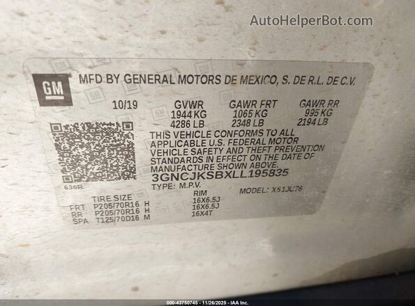 3GNCJKSBXLL195835 2020 CHEVROLET TRAX Серебряный Вид подкапотного пространства
