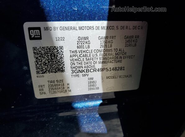 3GNKBCR49PS148281 2023 CHEVROLET BLAZER Синий Панорамный вид салона 360°